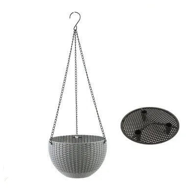 Plastic hanging basket planter with inner pot and metal chain, shown in green colour.