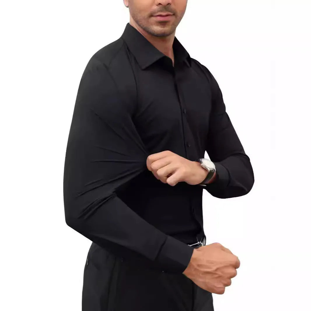 Men's long sleeve full elastic force shirt in solid colour, cardigan style, polyester fabric