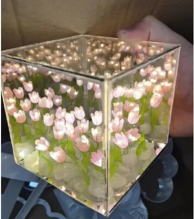 Blue Rubik's Cube Tulip Small Night Lamp with 20 small tulip flowers in 3D geometric design