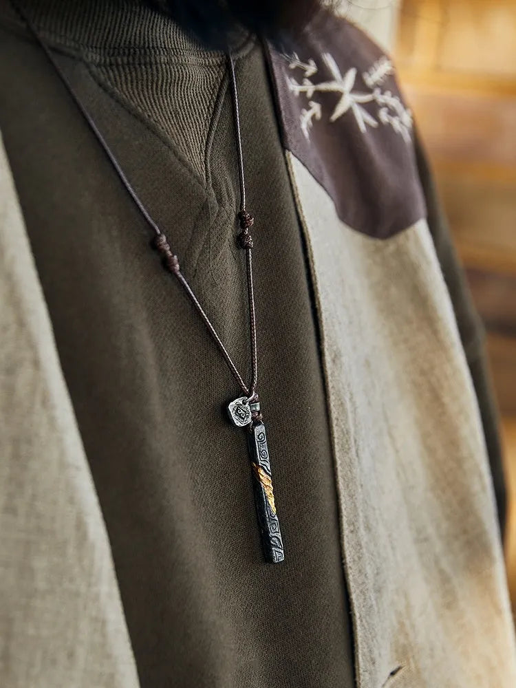 Handmade sterling silver men's necklace with 24K gold and gemstone inlay
