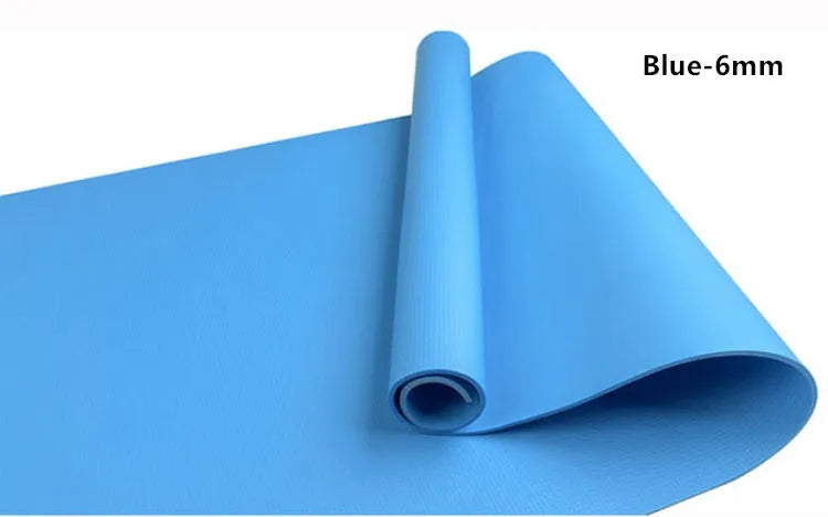 EVA fitness yoga mat in blue, showing non-slip texture and 4mm thickness.