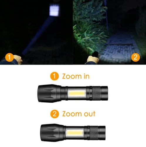 Small black aluminium telescopic LED flashlight with clip, showing zoom adjustment and button switch.