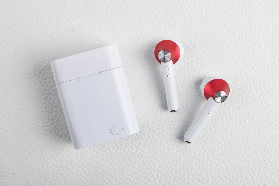 Sports Bluetooth wireless headset in black, silver, gold, red, and rose gold colours.