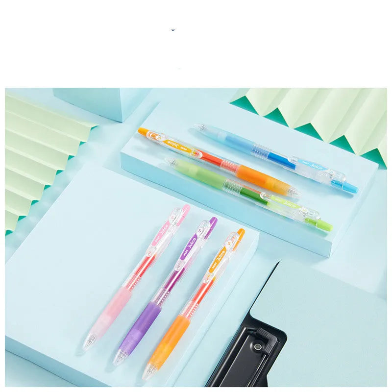 Baiguole gel pens showing metallic, fluorescent, tender, and conventional colour options with 0.5mm tips