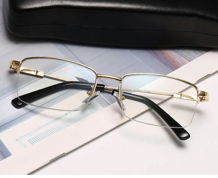Men's dual-use presbyopia glasses with metal frame and clip in black colour