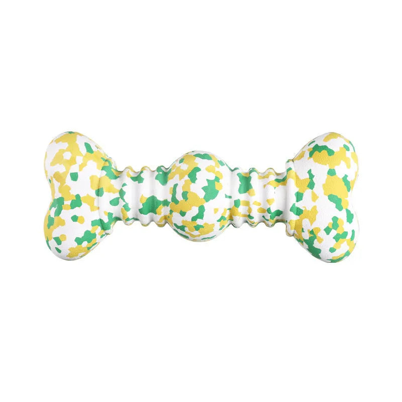 USDA Organic certified natural rubber dog chew toy in camouflage pattern, two size options for medium to large breeds