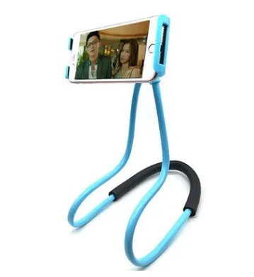 A white flexible neck strap phone holder with a 360-degree rotating clamp gripping a smartphone.