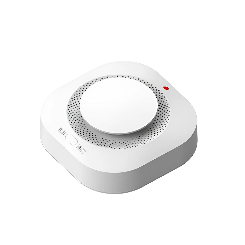 White wireless smoke detector with 433MHz transmission, 9V battery power, and over 80dB alarm.