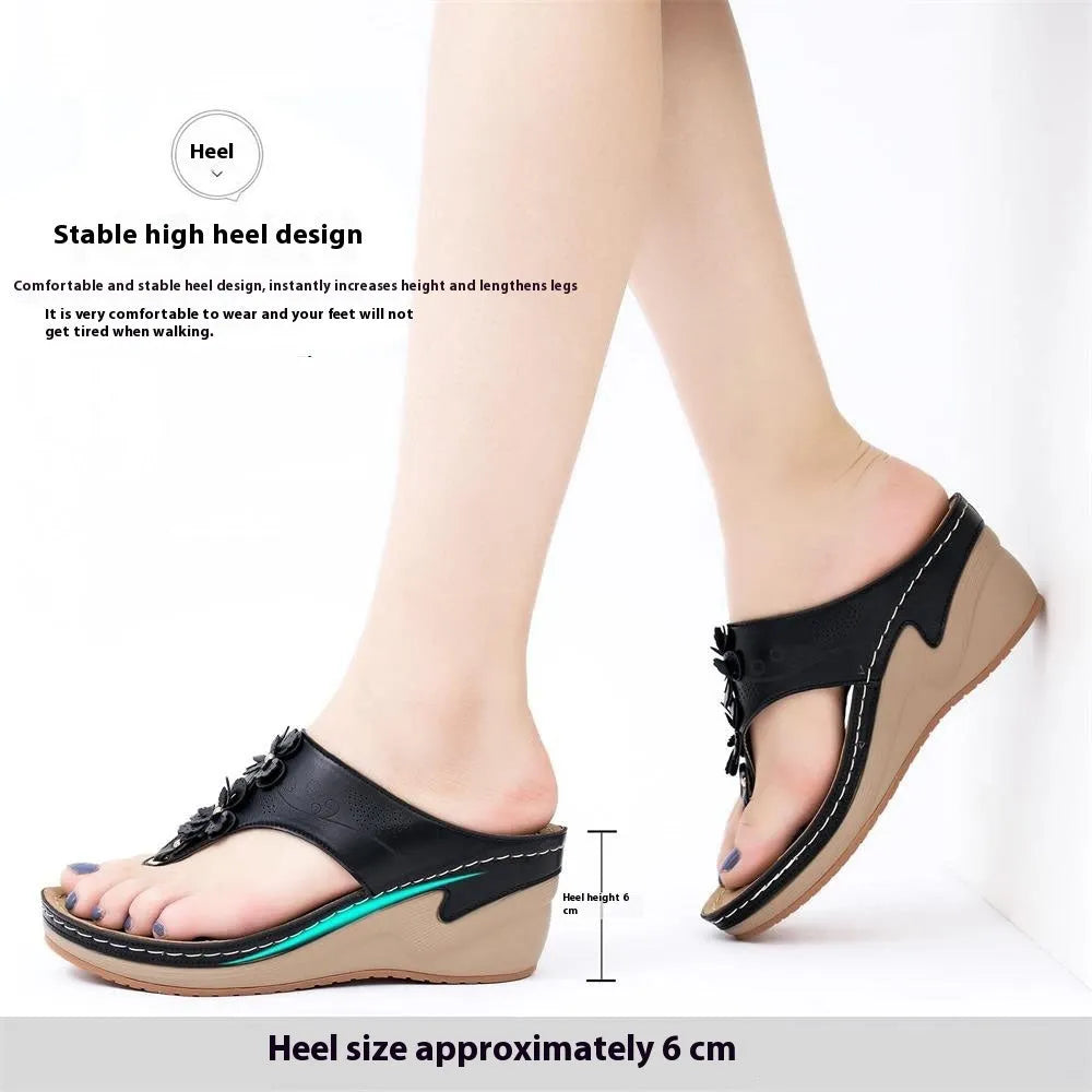 Women's high heel flip-flops with 6-8cm thick sole, PU upper and TPR non-slip base in black, white, blue, gold or yellow.