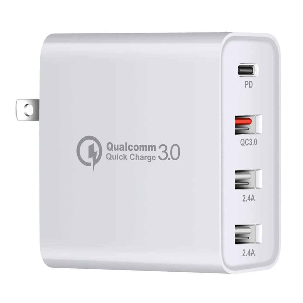 Black four-port USB-C wall charger with UK, US, EU, and AU plug adaptors on a white background.
