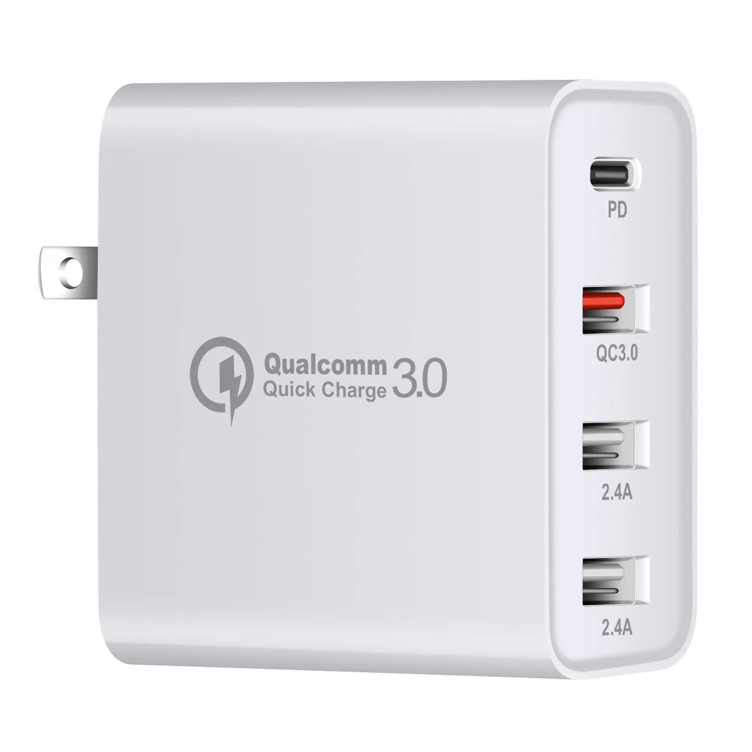Black four-port USB-C wall charger with UK, US, EU, and AU plug adaptors on a white background.