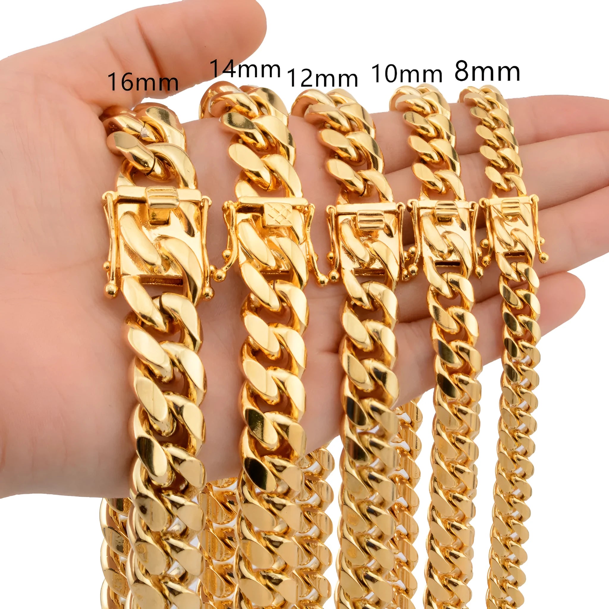 Gold Miami Cuban link stainless steel chain necklace on white background