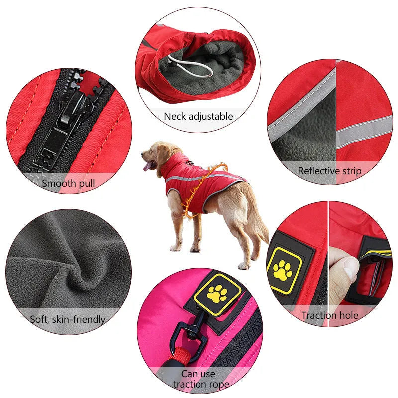 Thickened reversible dog jacket in polyester polar fleece, windproof winter pet coat in blue, red, rose red, or yellow, sizes XL to 6XL.