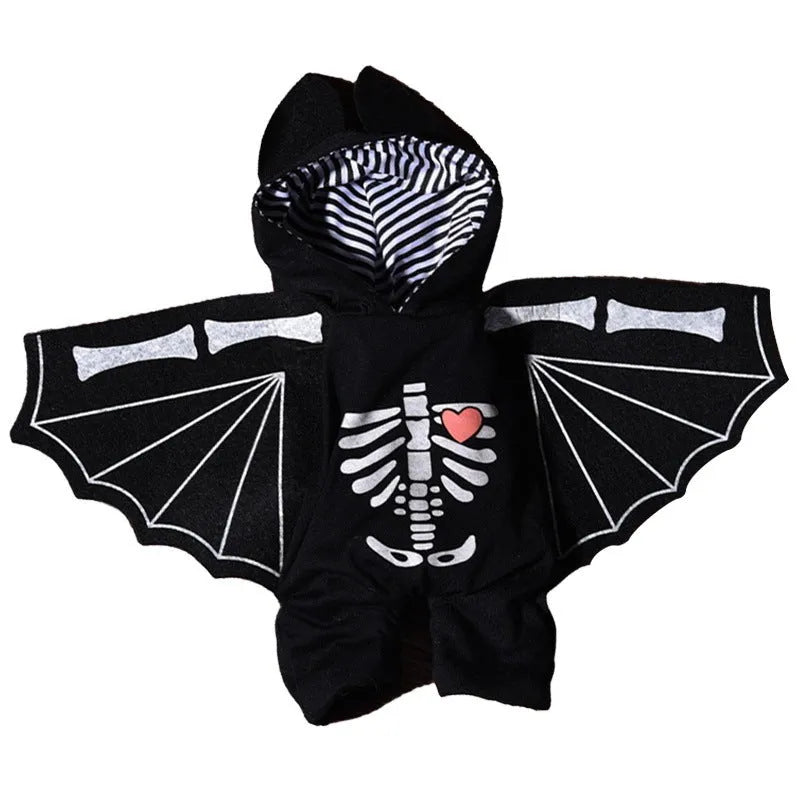 Halloween dog costume selection showing bat suit, devil outfit, and space clothing styles for pets