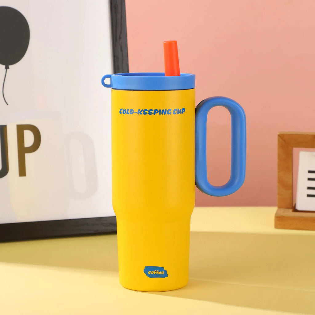 Large insulated plastic straw cup with a carry handle in a choice of five colours.