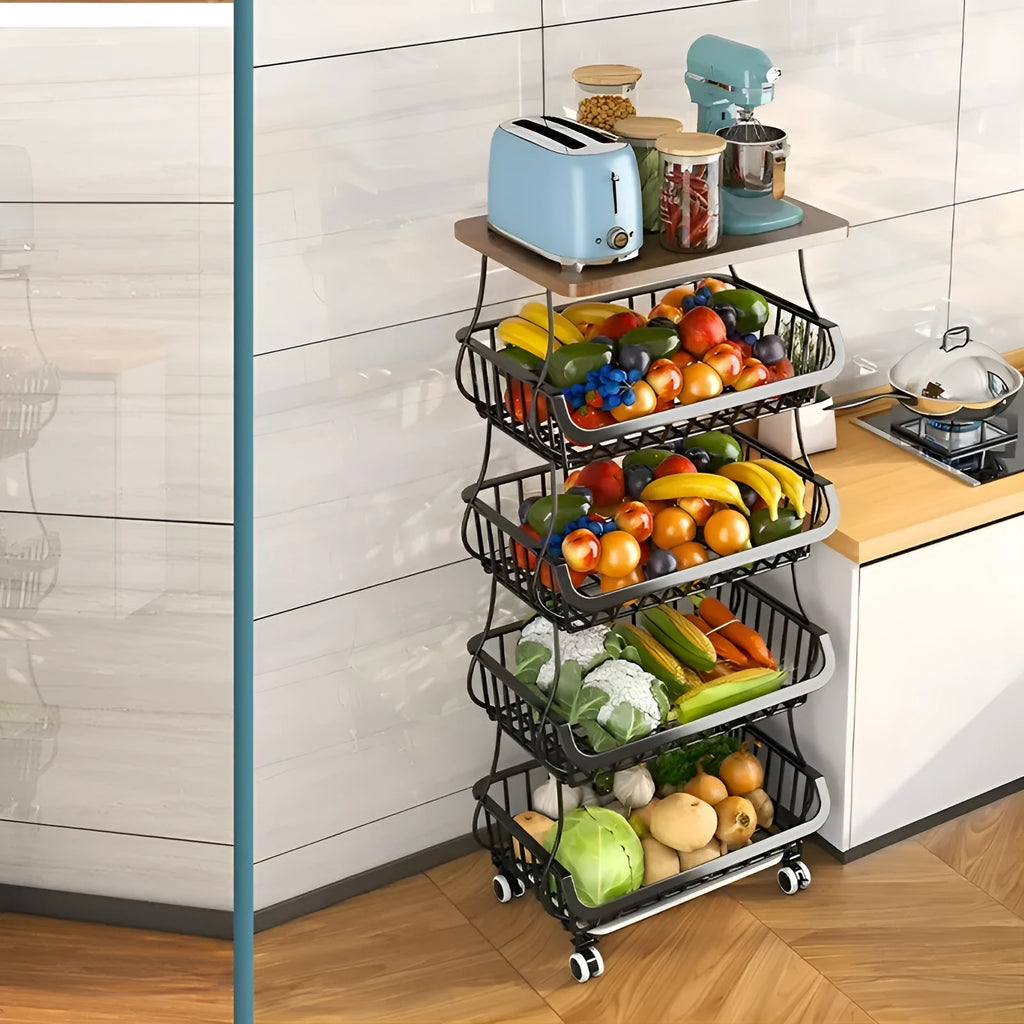 Black six-tier free-standing foldable kitchen storage trolley with metal frame