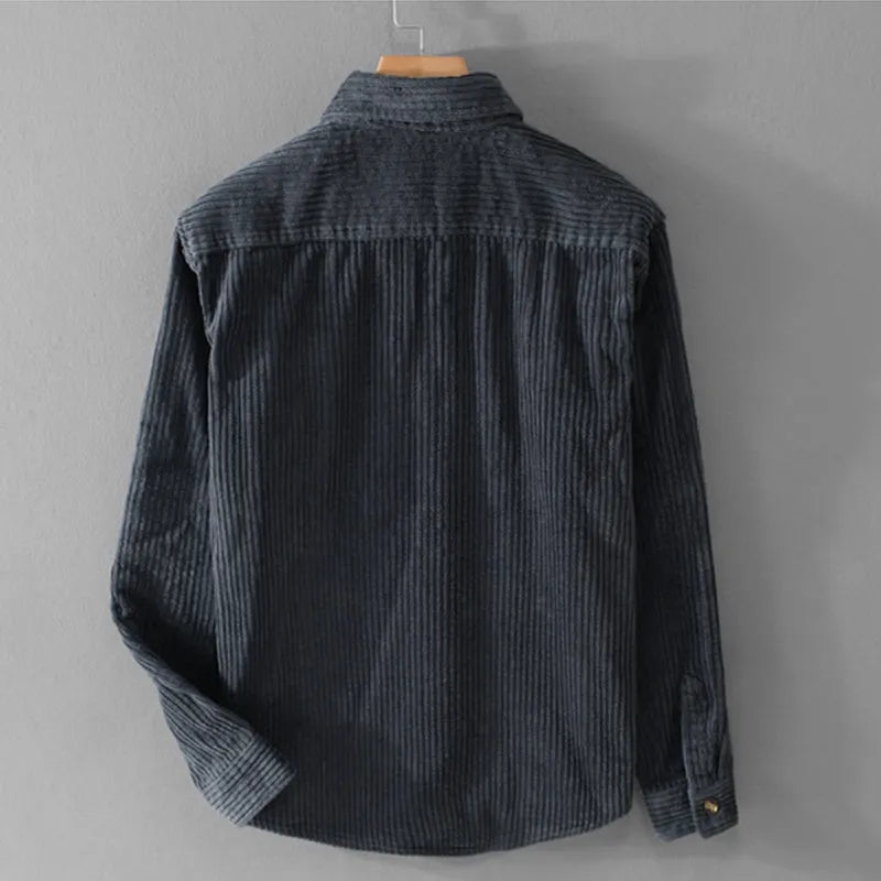 Men's cotton corduroy long sleeve button shirt with lapel collar and chest pocket in khaki, green, or gray blue.