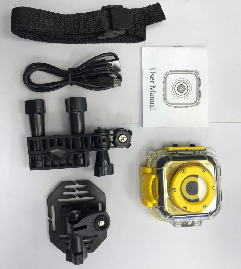 Yellow children's waterproof sports camera with 1.77-inch screen showing 5MP photo resolution and HD video recording