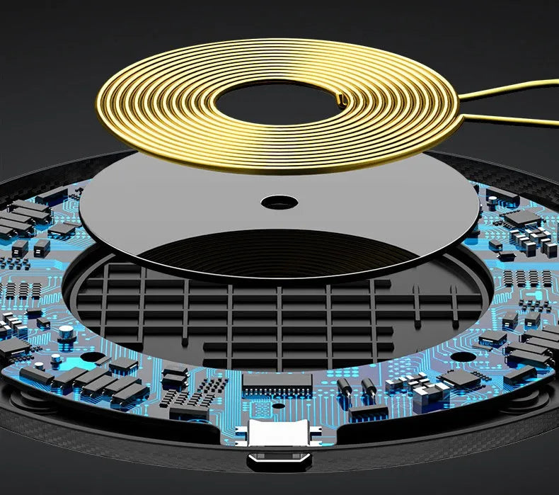 A black or white glass disc wireless charger on a table, showing its sleek design.