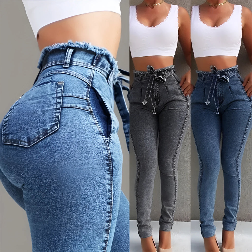 Grey fringed straight-leg jeans made from Cowboy fabric on a size chart showing S to 5XL.