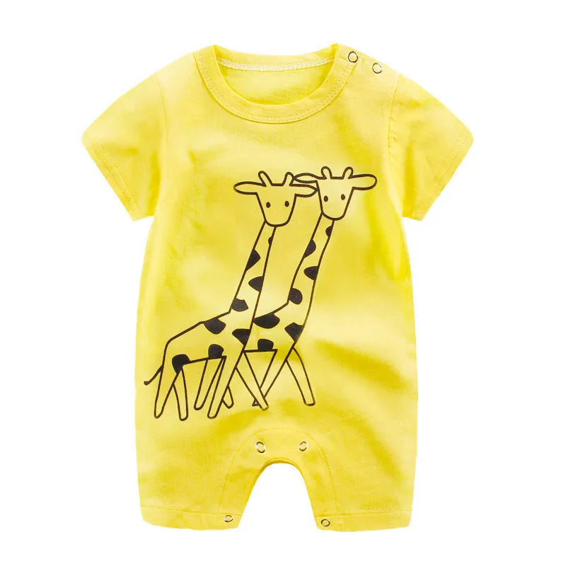 Baby one-piece cotton knit bodysuit in blue, short sleeves, lightweight summer clothing for infants