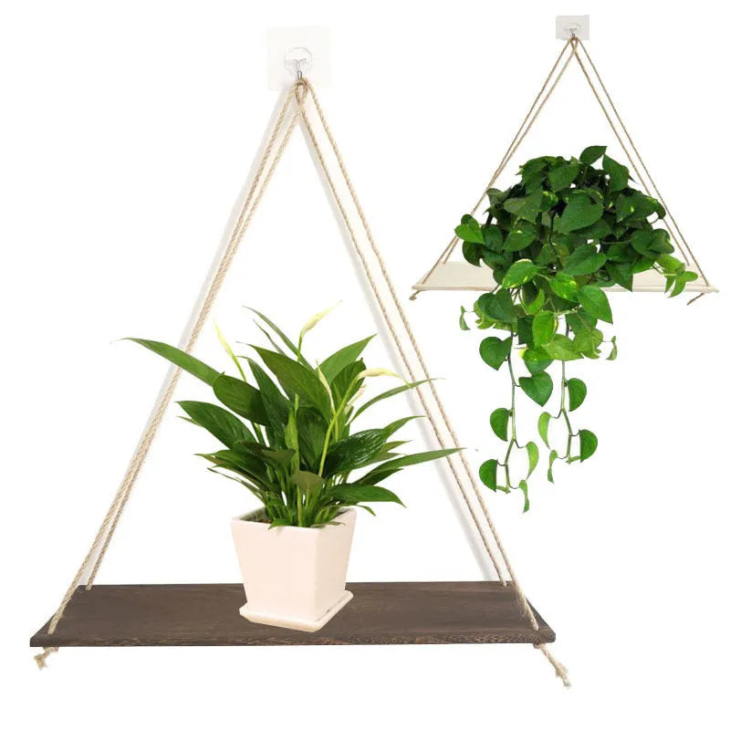 Wooden swing wall-mounted shelf in black or white, small 35cm or large 45cm, with twine cord and hooks for plants and crafts.