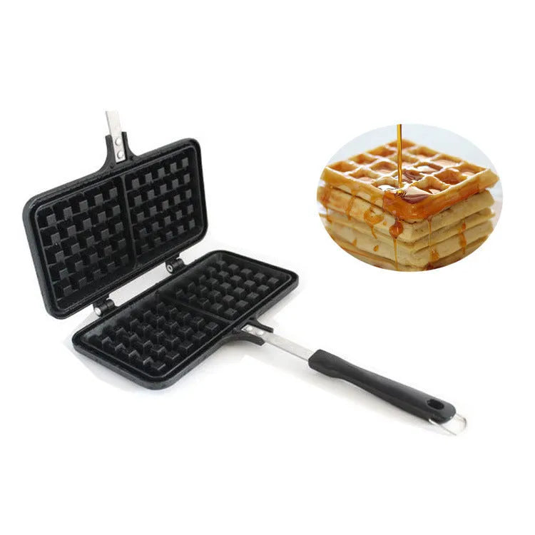 Black non-stick aluminium waffle mold with plaid pattern and heat-resistant handle for gas stoves