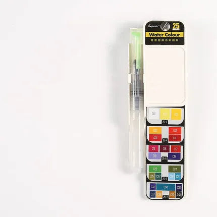 Fan-shaped foldable solid watercolour paint kit with transparent plastic box showing colour selection options