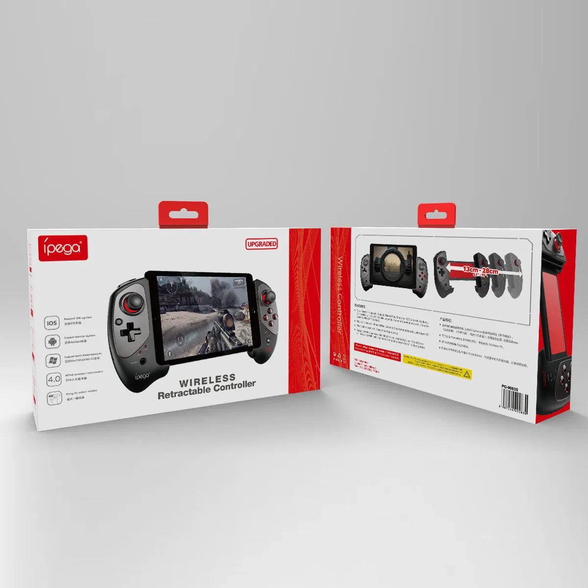 Red telescopic Bluetooth gamepad controller holding a smartphone for mobile gaming.