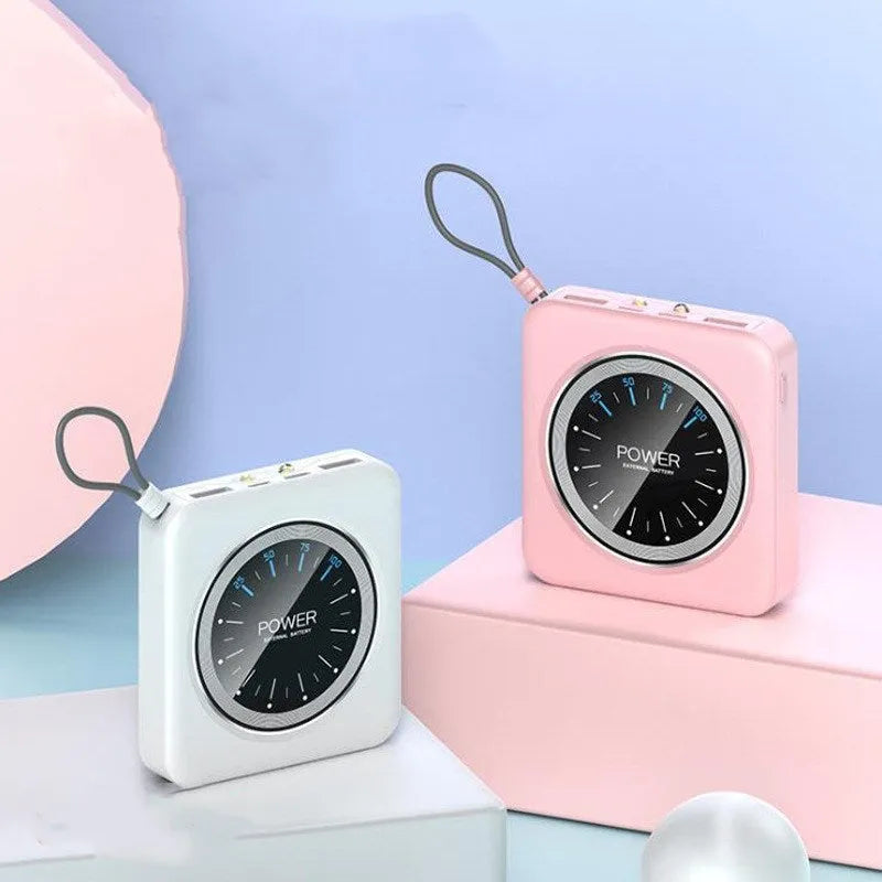 Slim mint green alloy power bank with digital clock display showing time and dual USB ports