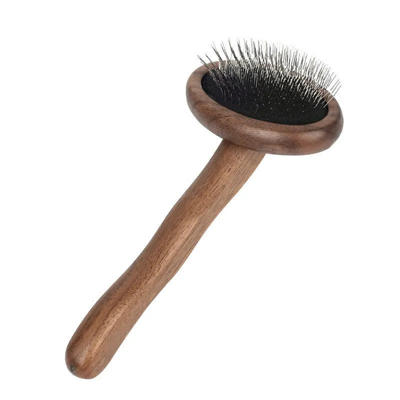 Wooden pet grooming comb set with double-sided comb, rake comb, knot comb, row comb, and nail clippers in storage bucket