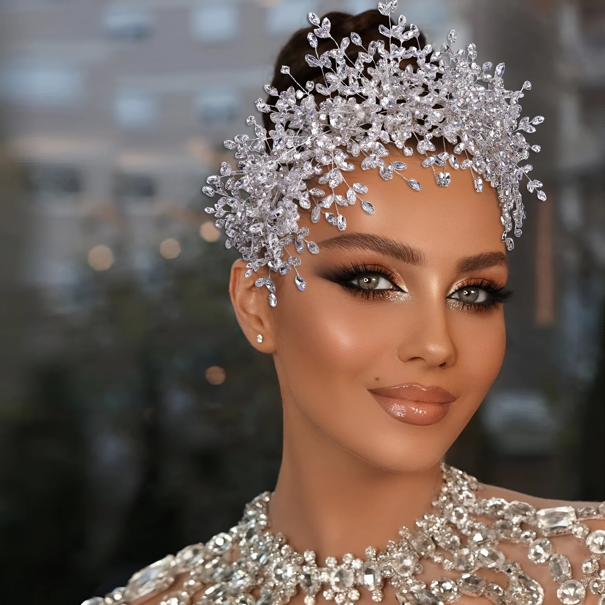 Heavy handmade rhinestone ice and snow queen wedding crown tiara in silver with crystal beaded detailing