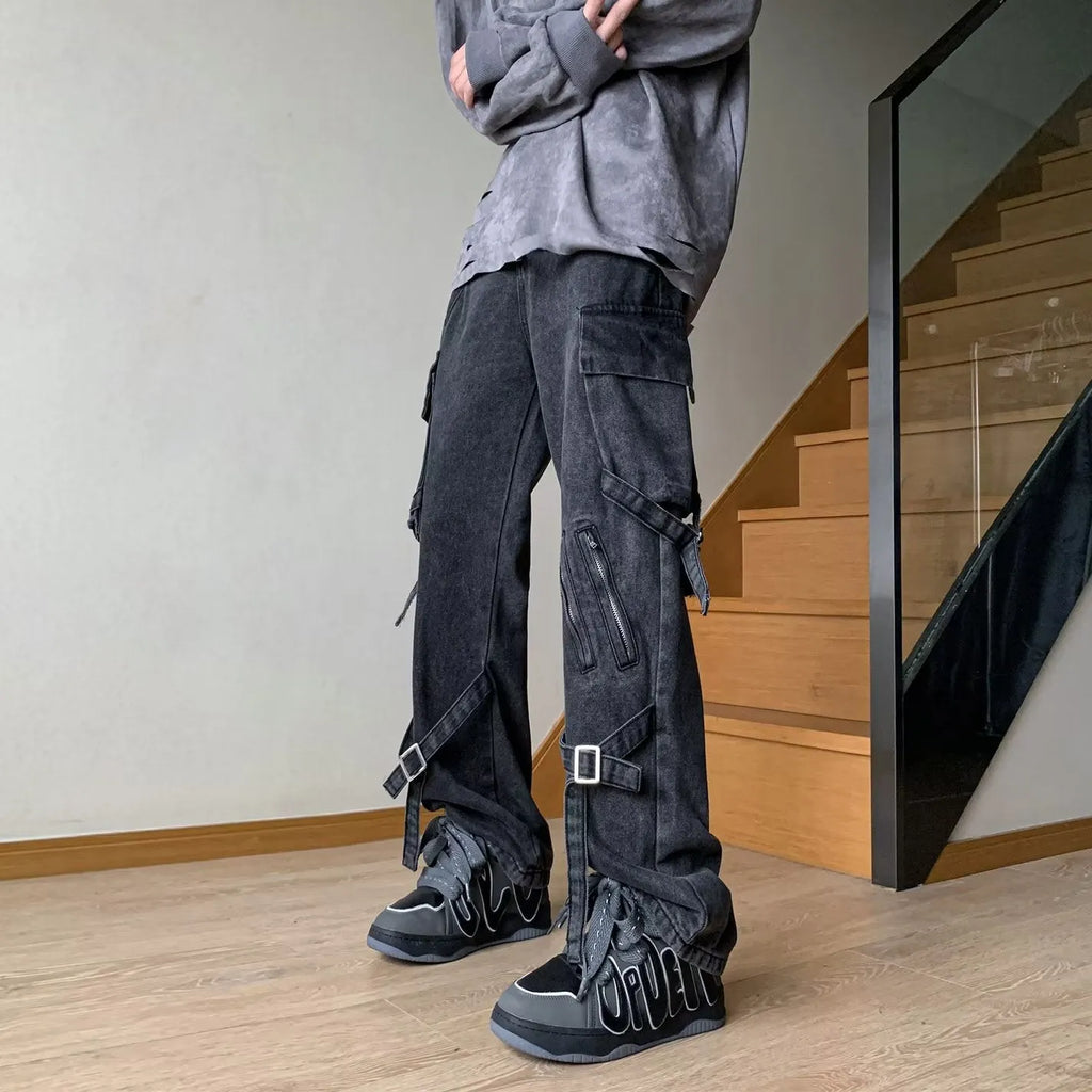 Men's loose-fit black jeans with zip and lace-up front, mid waist and long pant length