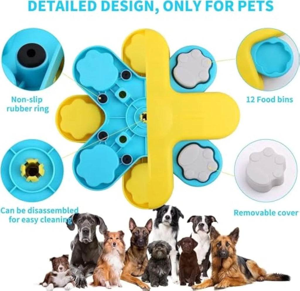 Yellow dog puzzle feeder toy with rotating lids and anti-slip rubber pads on base