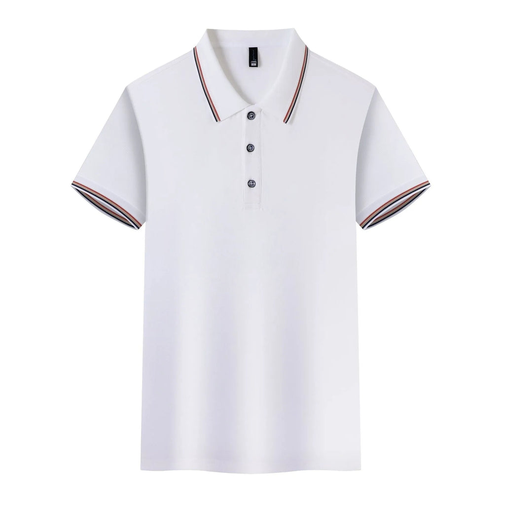 Solid colour ice silk polo shirt on a hanger showing apricot colour variant