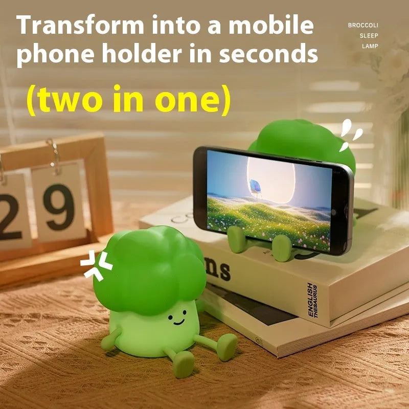 Broccoli-shaped silicone night lamp, 110x128x106mm, with 1200mAh rechargeable battery and 6500K LED