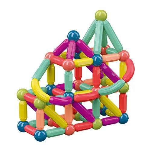 Magnetic building blocks set with 25-64 colourful ABS plastic pieces in a box