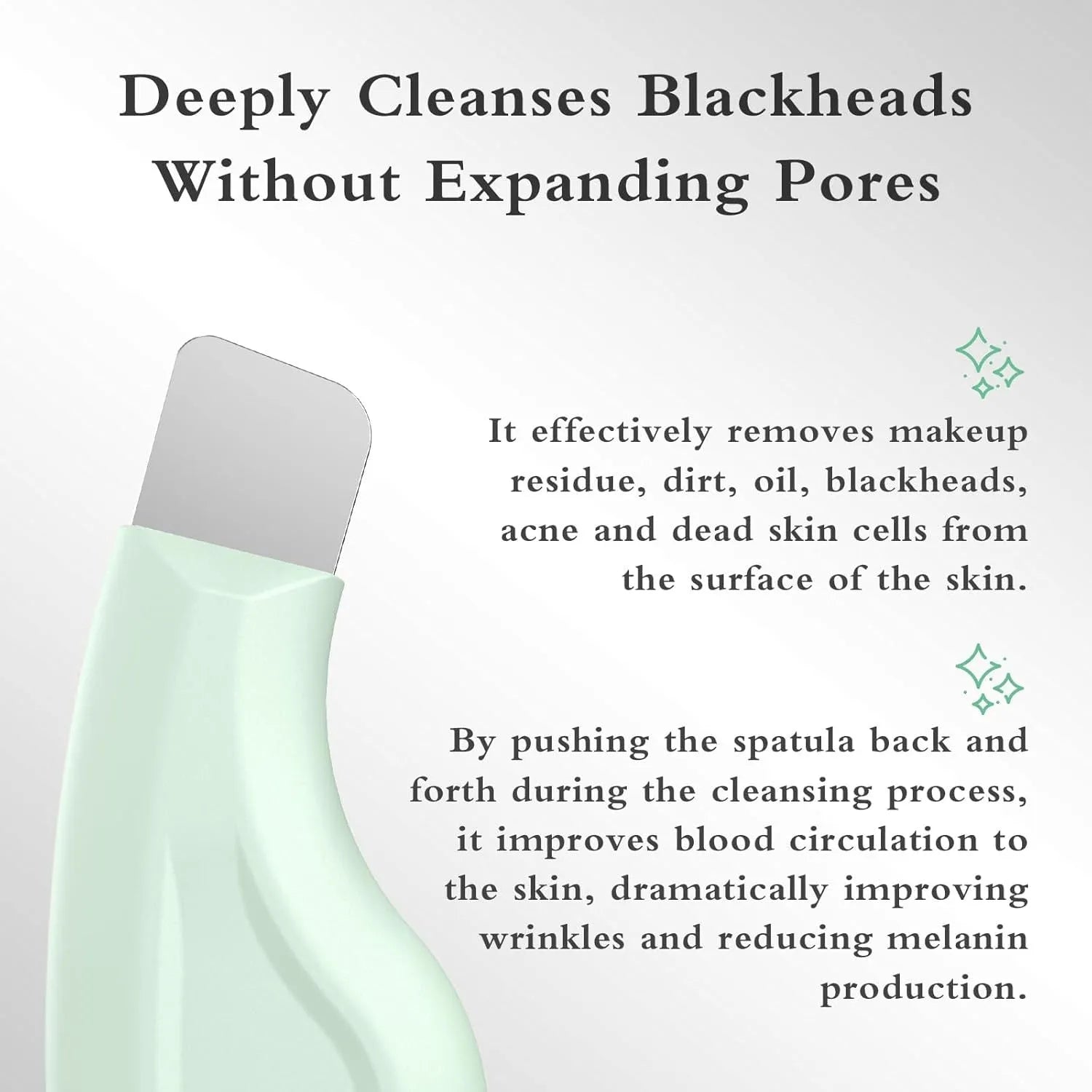Stainless steel facial pore scraper tool with a green silicone non-slip handle on a white background.