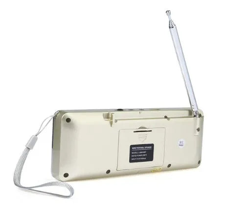 L-288AMBT portable Bluetooth speaker and AM FM radio with LCD screen in black, blue, gold, or red colour.