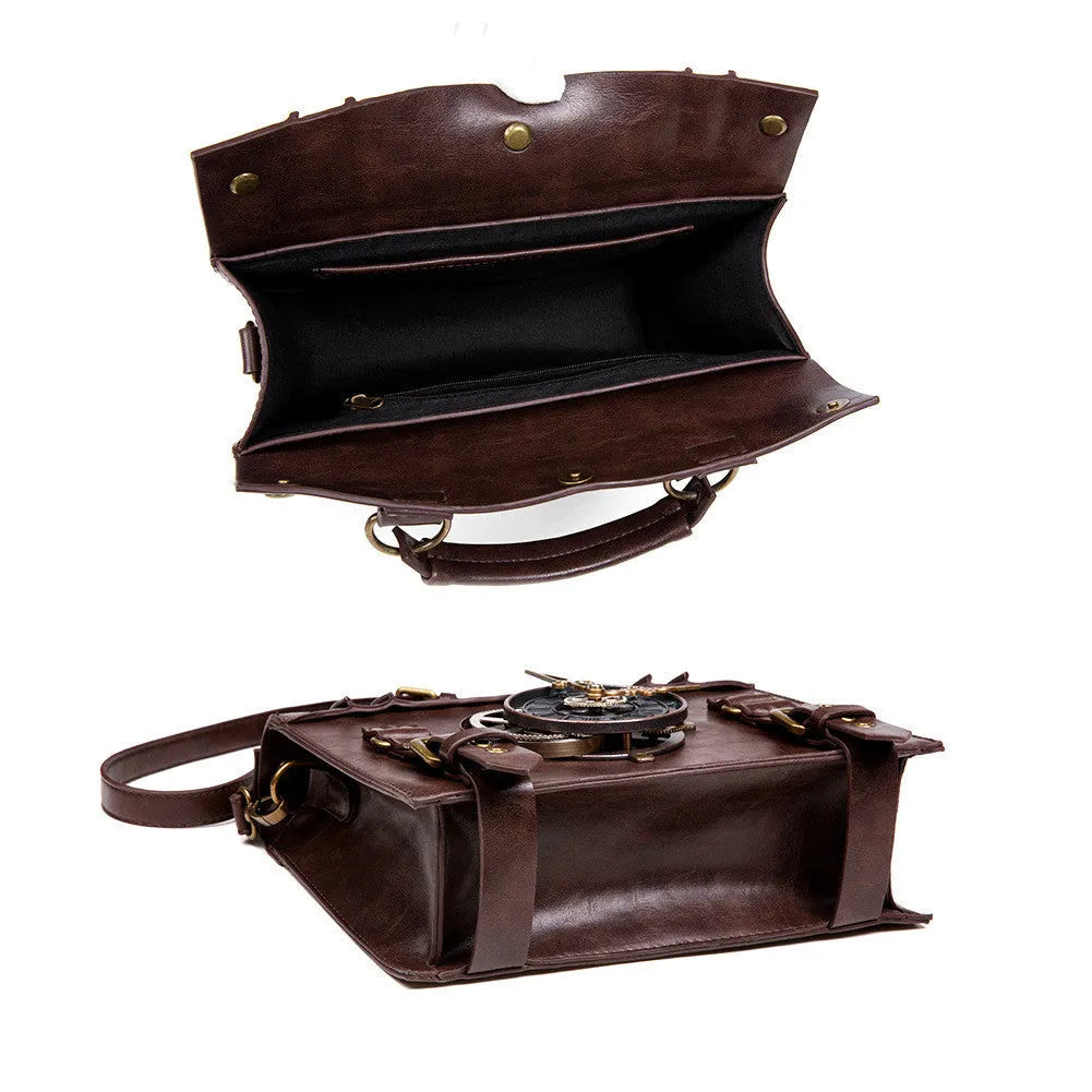 Bronze steampunk industrial retro shoulder bag with metal hardware in horizontal square pillow design