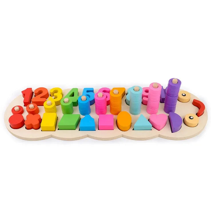 Wooden logarithmic board with colourful numbers geometric figures and beads for early childhood education
