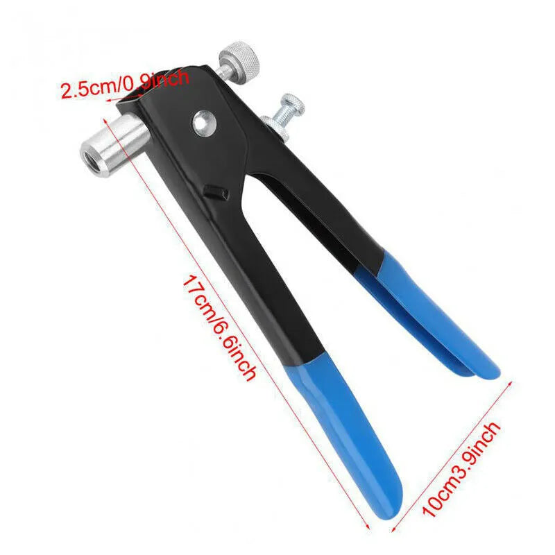 Alloy steel manual riveter tool with assorted nosepieces from a nut gun set.