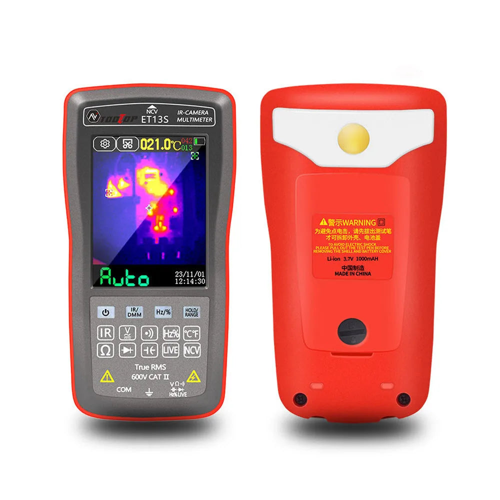 ET13S thermal imaging multimeter showing display with thermal image and measurement readings
