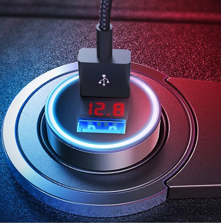 Dual USB car charger with voltage display and aluminium alloy ring in black