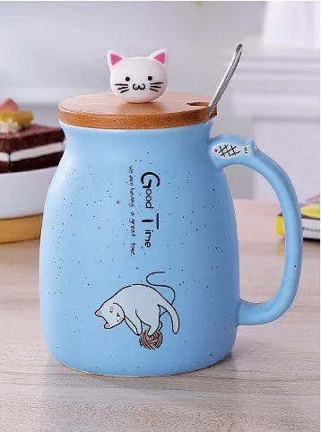 Cartoon cat ceramic mug with wooden lid and metal spoon in pink colour, 450ml capacity