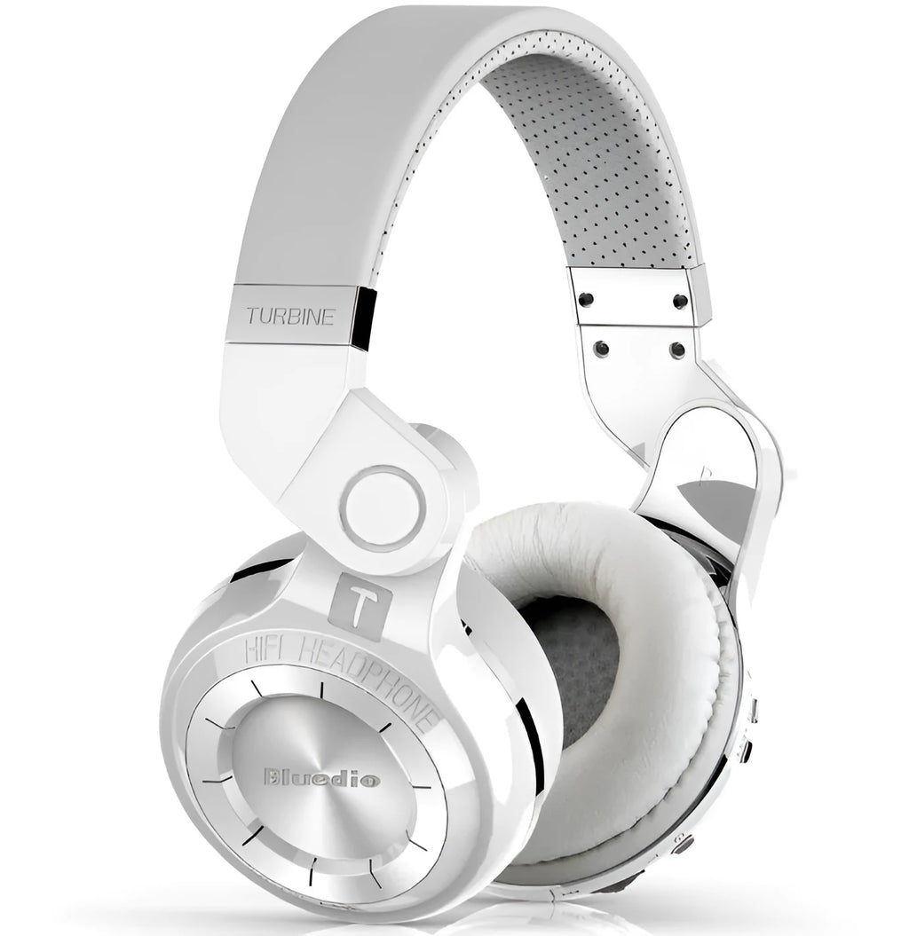 Blue String T2 black and white over-ear Bluetooth headset with folding metal design and a 1.5m cable.