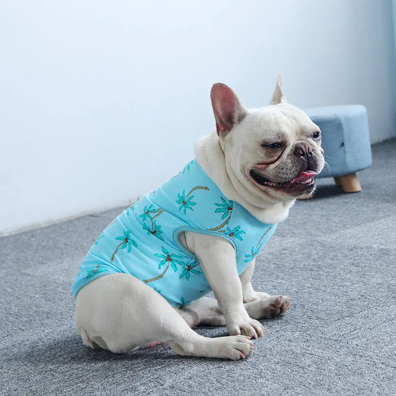 Blue cotton summer dog vest for small breeds like Teddy, thin casual style, front view