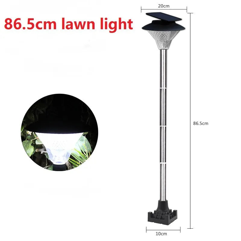 Solar-powered outdoor street light with solar panel and LED illumination in stainless steel and ABS construction