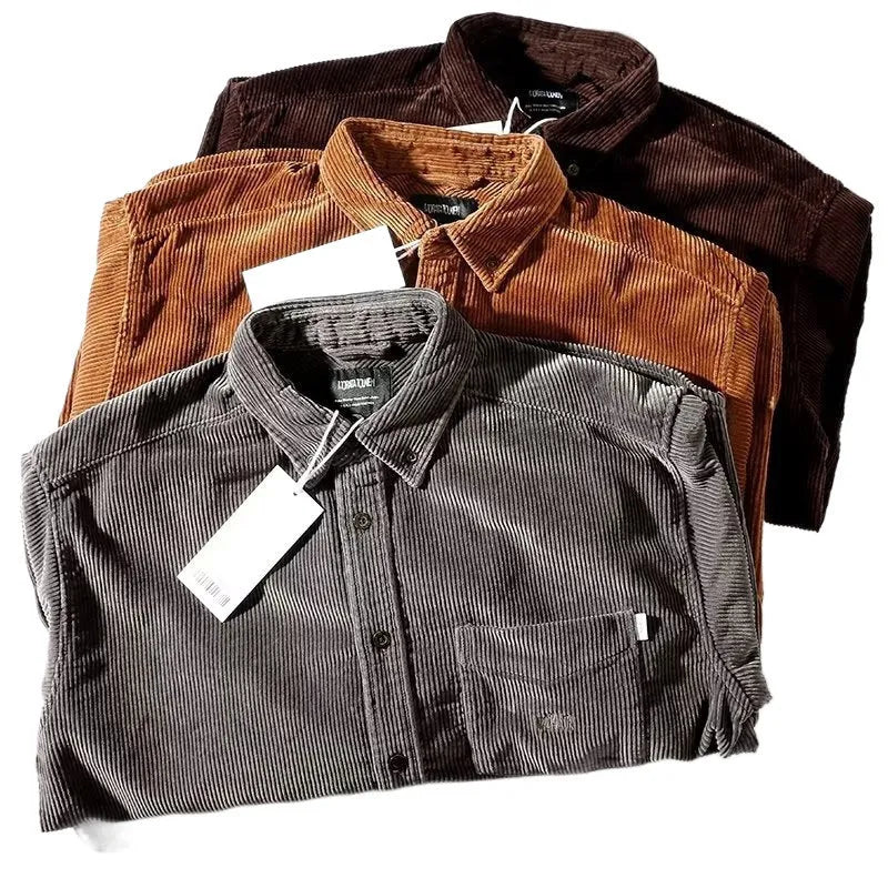 Long sleeve cardigan shirt in caramel colour with Japanese Hong Kong loose style and corduroy fabric