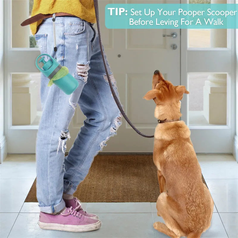 Blue plastic portable dog pooper scooper with built-in bag dispenser and carrying lanyard.